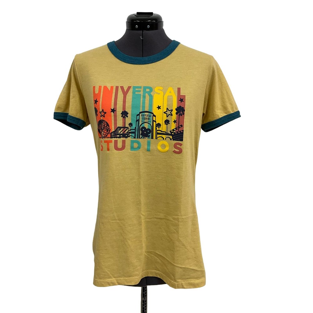 Unisex Universial Studio T-Shirt Beige/Mustard Green Collar and Sleeve Hem Sz L